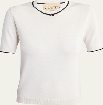 Valentino Garavani V-Logo Bow Short-Sleeve Wool Sweater