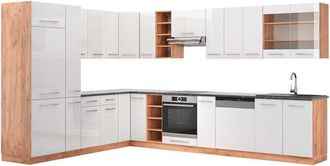 Vicco Cocina Esquinera Fame-line, Blanco Brillo Intenso/roble Dorado, 347 X 257 Cm, Et Antracita