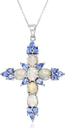 Ross-Simons Ethiopian Opal and Tanzanite Cross Pendant Necklace in Sterling Silver