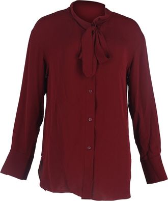 Theory Ribbon Detail Buttoned Long Sleeve Blouse in Maroon Silk