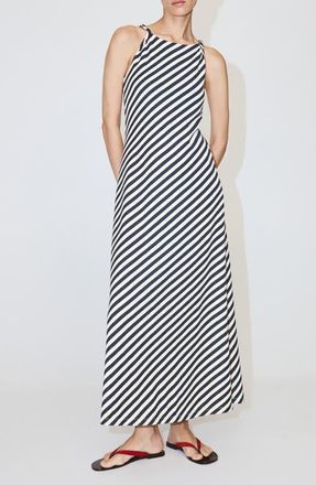Mango Striped Draped Neck Knit Midi Dress in Navy at Nordstrom, Size 10