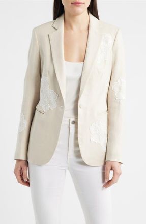 Anne Klein Floral Appliqu&eacute; Linen Blend Blazer in Natural Grain/Crisp White at Nordstrom, Size 10