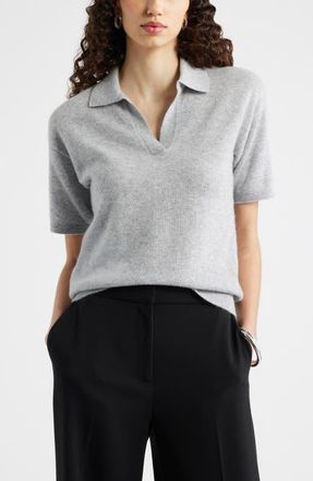 Nordstrom Cashmere Johnny Collar Short Sleeve Sweater in Grey Silk Heather at Nordstrom, Size X-Small