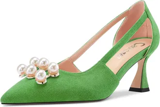 Castamere Women Stiletto Mid Heel Pointed Toe Two-Piece Slip-on Pumps Court Shoe Dress 6.5 CM Heels Green 6.5 UK