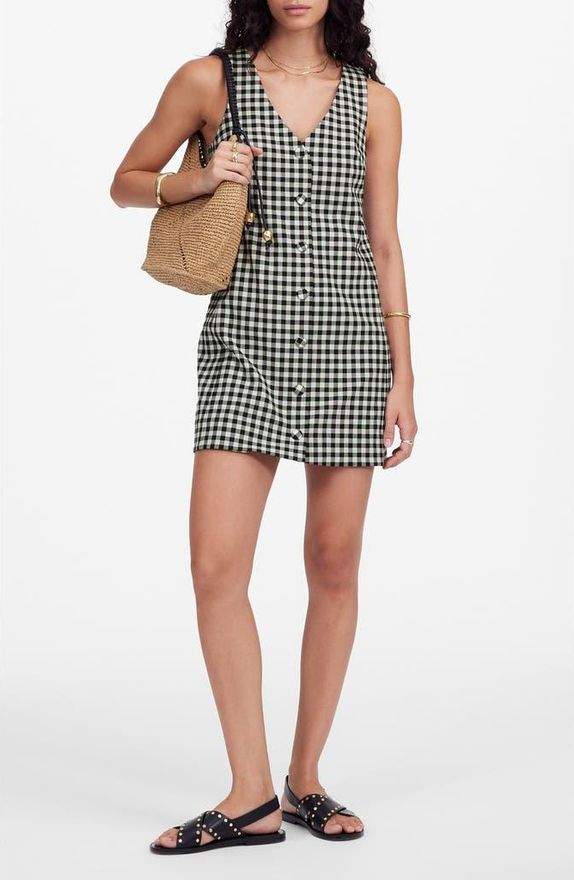 Gingham V-Neck Wool Blend Vest Minidress in True Black at Nordstrom, Size 10