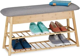 Relaxdays Relaxdays - Shoe Bench for 8 Pairs, 2 Levels, Foldable Seat Pad, 2 Storage Compartments under Lid, Bamboo, hwd: 48x90x28 cm, Natural