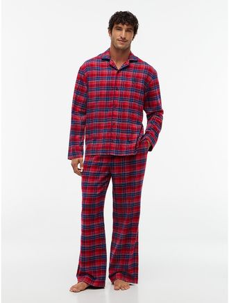 Tommy Hilfiger Mens Plaid Flannel Shirt & Pant Sleep Set - Check Global Stp Medium Red - XL