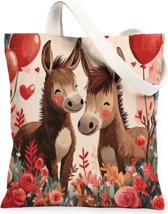 Generic Valentines Day Giraffe Canvas Tote Bag for Shopping 13x15, Kid Fun Cute Animal Couple Reusable Grocery Print Bag for Women, Lover Beach Aesthetic Pain