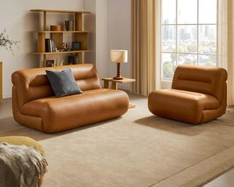 Castlery Tovi Leather 2 Seater Armless Couch, Mocha for Living Room, Brown, Castlery