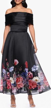 Betsy & Adam Placed Floral Off the Shoulder Gown in Black/red at Nordstrom, Size 10