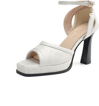 Generic Womens Square Open Toe Satin Bridal Shoes Ankle Strap Dress Pumps with Buckle Chunky Block Heel Platform Wedding Sandals,White,4.5 UK