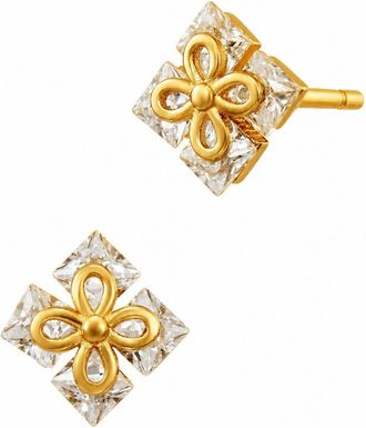 Savvy Cie Jewels GOLD PLATED OVER STERLING SILVER.925 PRINCESS QUADRANT WHITE CZ STUD EARRINGS
