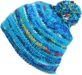 Loud Elephant Chunky Wool Knit Beanie Bobble Hat - SD Bright Blue Mix