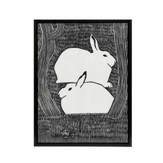 Artery8 Two Stylised Snow Hares Samuel J De Mesquita Framed Canvas Wall Art in Black | Size: W24 x H32