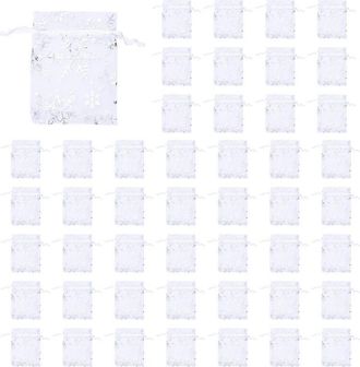 OEM 500 Bolsitas De Organza Con Cord&oacute;n Para Regalos De Boda, Ideales Para Joyer&iacute;a, Con Estampado De Copos De Nieve En Blanco Y Plateado. Bolsas Transparen