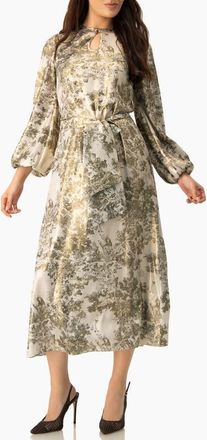 Ivonne Botanical Print Satin, Long Sleeve Belted Keyhole Midi Dress in Olive Green at Nordstrom, Size 14