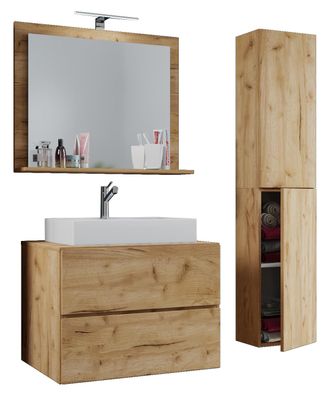 ebuy24 Ebuy24 - Vcm 4 Piezas Lavabo Lavabo Gabinete Inferior Ancho 80 Cm Muebles De Ba&ntilde;o Conjunto Con Cajones Puertas Giratorias Espejo Lendas L (roble Miel)