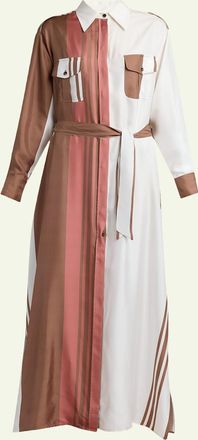 Kiton Striped Silk Belted Maxi Shirtdress