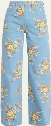 Veronica Beard Taylor High-Rise Wide-Leg Floral Jeans