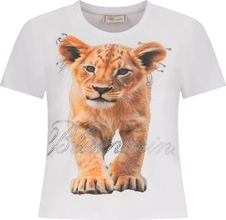 Blumarine Jersey T-shirt met leeuwenprint en strass-logo - Dames - T-shirts - Wit - L - Katoen - Tops