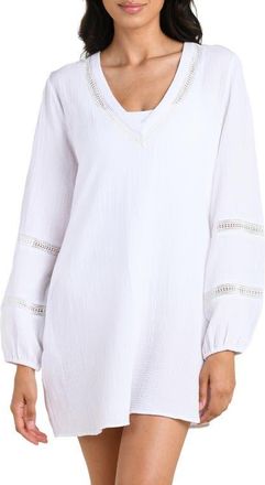 La Blanca Seaside Lace Inset Long Sleeve Cotton Cover-Up Dress in White at Nordstrom, Size X-Small