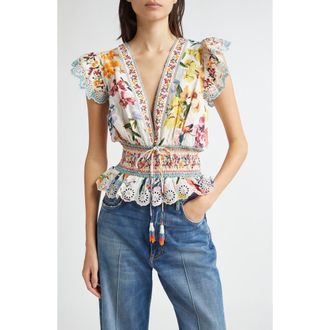 Farm Rio Greek Garden Swiss Dot Flutter Sleeve Plunge Neck Cotton Top in Off-White at Nordstrom Rack, Size X-Large