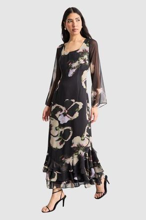 Warehouse Printed Scoop Neck Ruffle Hem Midi Dress in Floral at Nordstrom, Size 10