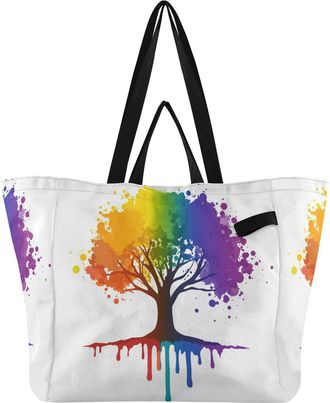 Generic Tree Rainbow pattern Reusable Canvas Tote Bag, Heavy Duty Grocery Shopping Bag with Hard Bottom Large Capacity Double Handles Work Groceries Travel