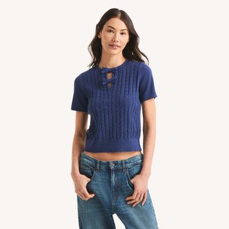 Nautica Womens Cable-Knit Short-Sleeve Sweater
