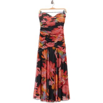 Hutch Bonnie Strapless Ruched Mesh Maxi Dress in Black/Multi at Nordstrom Rack, Size Xx-Small