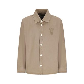 Ami Casual Shirts, male, Beige, Size: XL Overshirt with Knitted Ami de Coeur