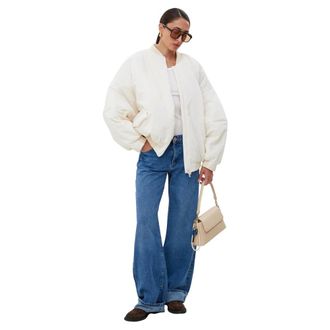 Estro & Luminara Winter Jackets, female, White, Size: XS Short Oversized Bomber Jacket with Stand Collar