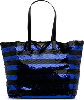 Prada Pre-owned Tote Bags, female, Blue, Size: ONE SIZE Pre-owned Striped Sequin Tote Bag with Top Handles