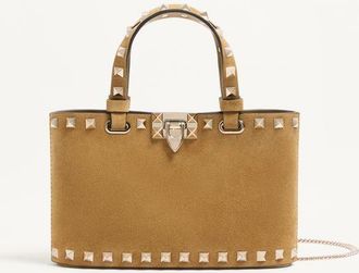 Valentino Garavani Rockstud Mini Suede Shopping Bag Woman HAVANA BEIGE UNI