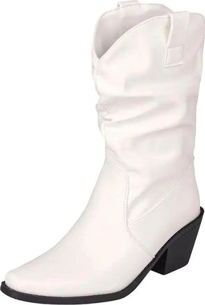 Generic Womens Casual Mid Calf Boots Square Toe High Thick Heel Slip On Design With Pleated Shaft And Non Slip Sole