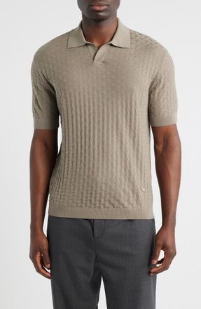 Emporio Armani Basket-Weave Stitch Johnny Collar Virgin Wool Polo Sweater in Solid Medium Beige at Nordstrom, Size Xx-Large