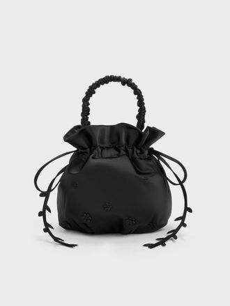 Charles & Keith Mabel Satin Floral-Vine Bucket Bag