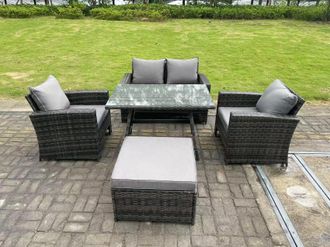 Fimous 5 Seater Outdoor Dark Grey Mixed High Back Rattan Sofa Dining Table Set Garden Furniture Big Footstool