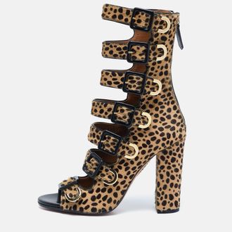 Aquazzura Beige/black Leopard Print Calf Hair Gladiator Sandals