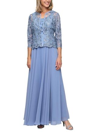 Alex Evenings Mixed Media Sleeveless Gown with Embroidered Jacket in Dusty Blue at Nordstrom, Size 18