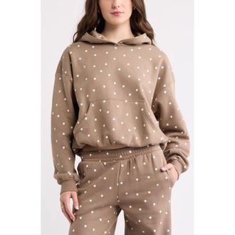 BP. Printed Oversize Bubble Hem Hoodie in Brown T- White Cozy Dot at Nordstrom, Size Xx-Small