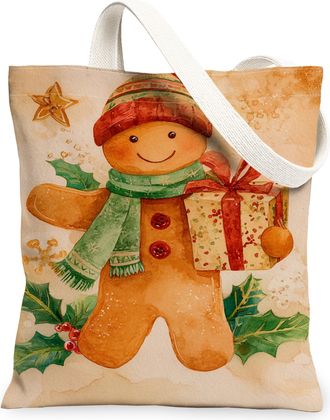 Generic Christmas Gingerbread Canvas Tote Bags, Festive Holiday Design Reusable Bags, Winter Lightweight Washable Shoulder Strap Fo, Brown, 13x15 Inch