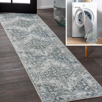 Jonathan Y Designs Pavel Distressed Medallion Low-Pile Machine-Washable Blue/Cream Area Rug