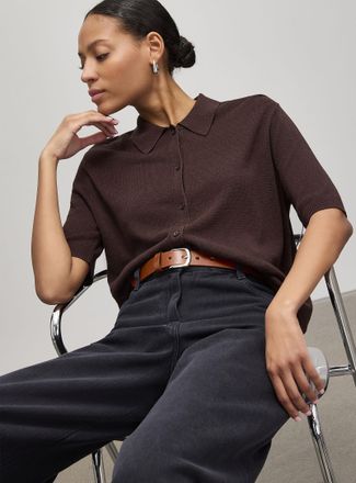 Contemporaine Womens Linen-blend Polo Shirt-collar cardigan