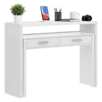 Dmora Escritorio Dghelle, Escritorio Multiposici&oacute;n Con Tapa Extra&iacute;ble, Consola De Estudio Lineal Con 2 Cajones, 99x70h88 Cm, Blanco - Dmora