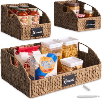 Best Choice Products Hyacinth Angled Pantry Storage Baskets W/ Handles, Chalkboard & Marker (Set of 3)