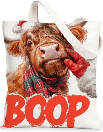 Generic Christmas Cow Canvas Tote Bags, Animal Print Reusable Grocery Bags, Holiday Rustic Lightweight Washable Shoulder Strap Canv, White, 13x15 Inch