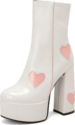 Generic Womens Chunky Heel Shiny Ankle Boots Patent Leather Platform Heart Printed Booties for Party,White,6.5 UK
