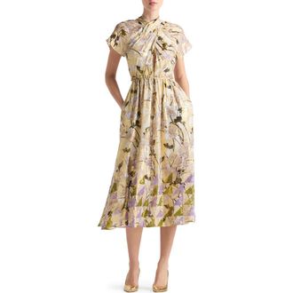 St. John Geo Frieze Jacquard Wrap Neck Dress in Stone/Midnight Multi at Nordstrom, Size Large