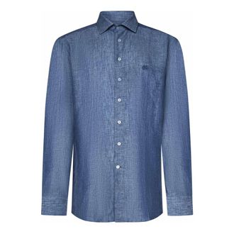 Etro Blauw Linnen Overhemd Logo Borduurwerk Getailleerde Pasvorm - Heren - Casual Overhemden - Blauw - 2XL - Leer - Overhemden